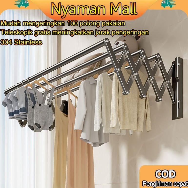 Jemuran Baju Dinding Stainless Steel 100-200cm Pakaian Single Jemuran  Lipat Stainless Steel Rak Jem