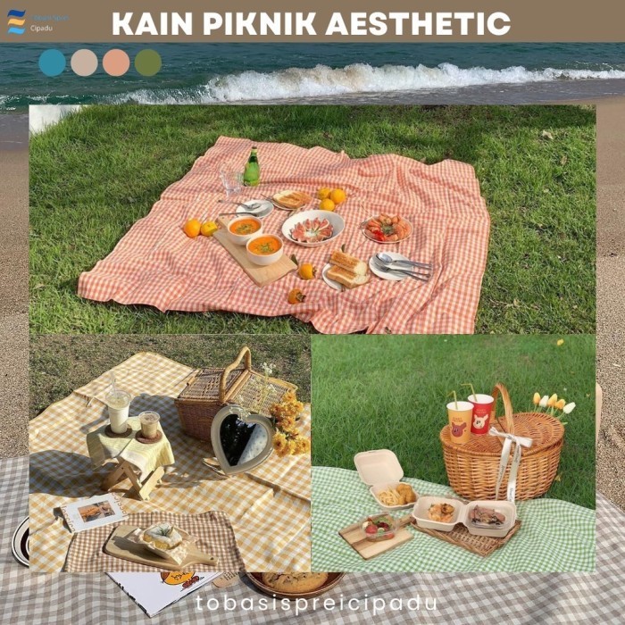 Tikar Kain Piknik Camping Motif Kotak-Kotak Kain Foto Aesthetic