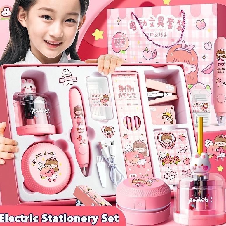 

12 IN 1 Set Perlengkapan Alat Tulis Otomatis,Automatic Electric Stationery Set,Kit Alat Tulis Elektrik Kemasan Mewah, Rautan Penghapus Vacuum