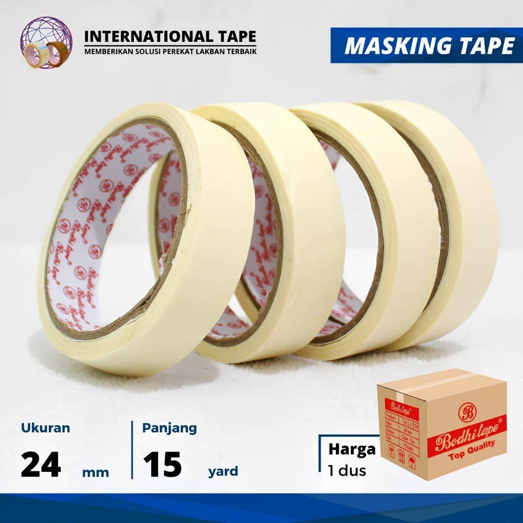

LAKBAN KERTAS/MASKING TAPE BODHI 24MM/48MM X 15YARD PER DUS
