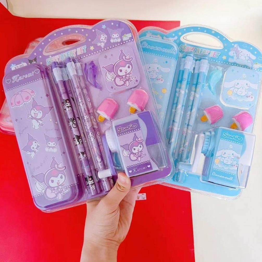 

fx-76 Set 5 in 1 Alat Tulis Anak Sekolah Motif SANRIO/ Study Set 5 in 1 Rautan + Pensil + Kotak Pensil + Penghapus + Penutup Pensil Murah