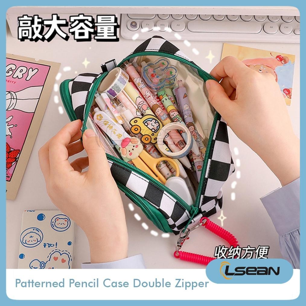 

eqw-68 PENCIL CASE KOREA CHECKERED CUTE BEAR MULTIFUNGSI POUCH DUAL ZIPPER DEPAN BELAKANG Berkualitas