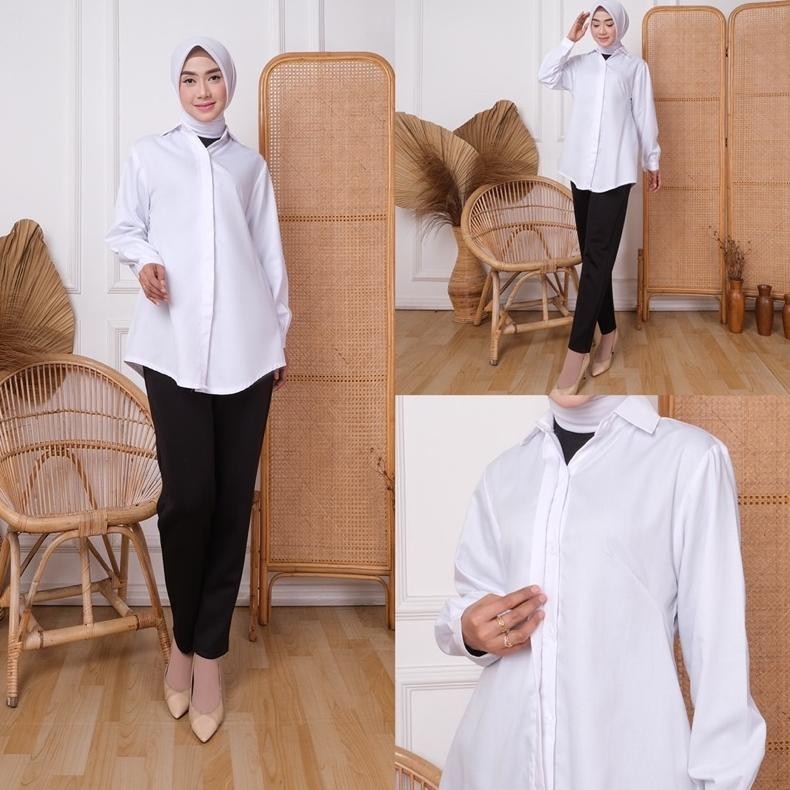 yl-24 Seenaoutfit - KM 013 Baju Putih Kemeja Putih Polos Wanita Kerja Kantoran PNS Guru Kombinasi Re