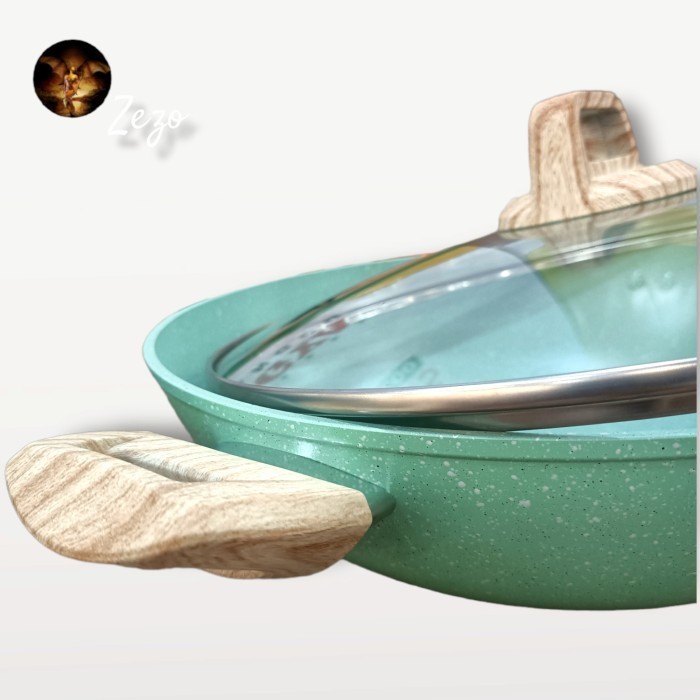 Panci Wajan Pero Wok Pan 2 Handle 32Cm Mint + Glass Lid