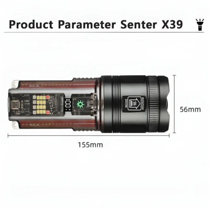 100% NEW SENTER LED X39 - SUPER TERANG - 7 MODE CAHAYA - POWERBANK MODE - RECHARGEABLE - SOLAR PANEL