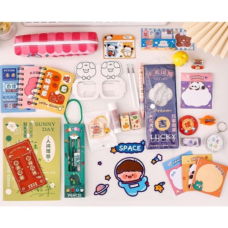

et-98 Paket Alat Tulis Pulpen Stiker Memo Tempel Penghapus Pensil Buku Penggaris Rautan Stationery Set Premium
