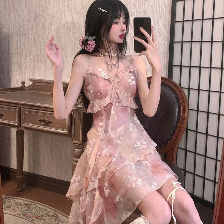 Tren Fashion 2024 Rok Suspender Pendek Kelim Tidak Beraturan Pita Bunga Anak Perempuan Seksi Seksi