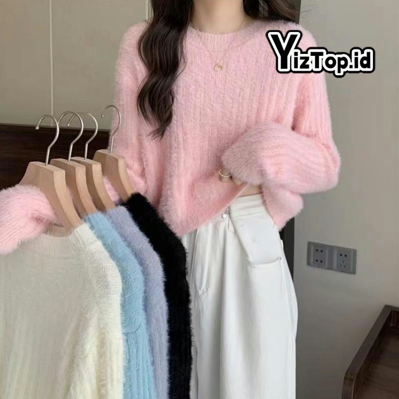 Sweater Halus Wanita Yiztop - Outfit Korea Bulu Sweater Wanita Atasan Rajut Wanita Lengan Panjang