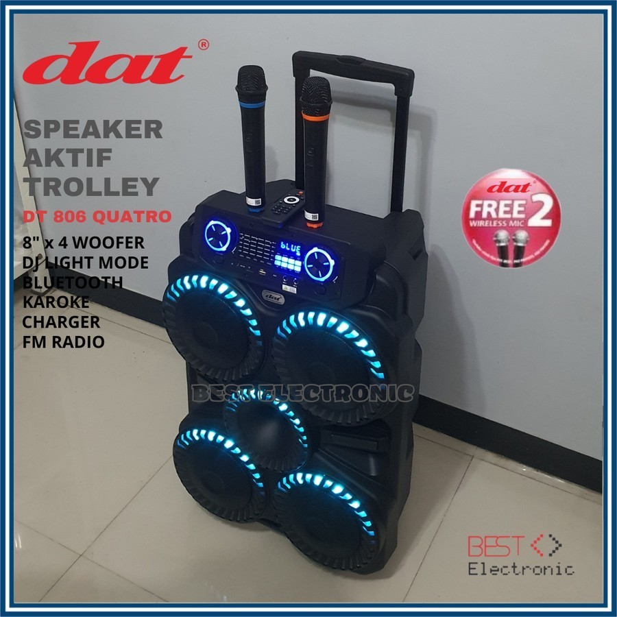 SPEAKER AKTIF PORTABLE 8 INCH DAT DT 806 QUATRO BLUETOOTH TROLLEY FREE 2 MIC DT806