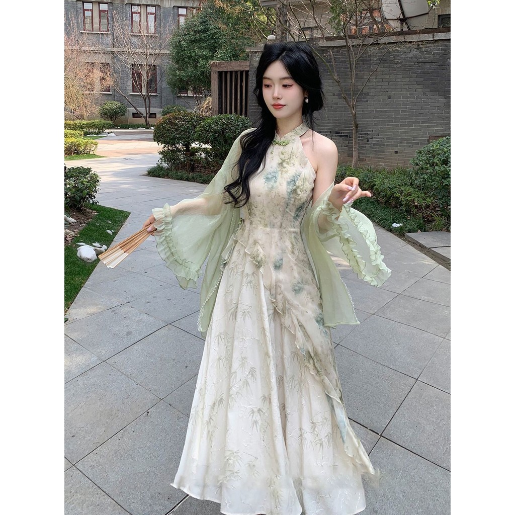 Comely Cardigan Printing Stitching Irregular Mori Style Halter Dress Flab Hiding Fashion Suit