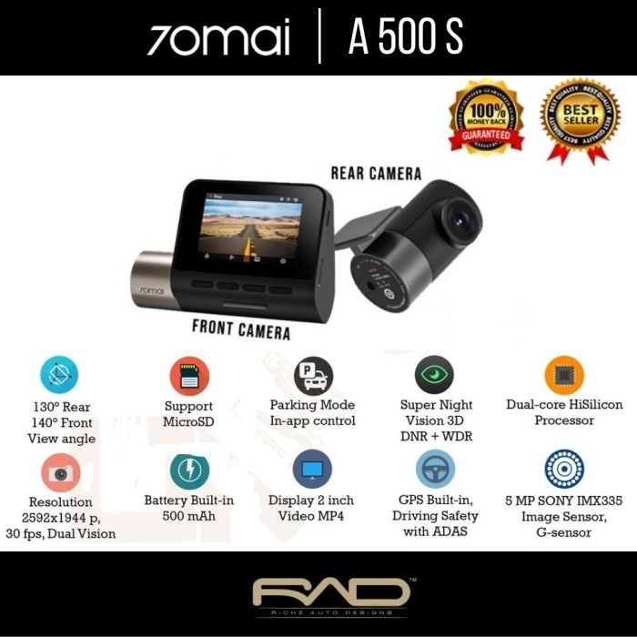 Dashcam A500s 70mai Full Front + rear + Hardware kit + installation