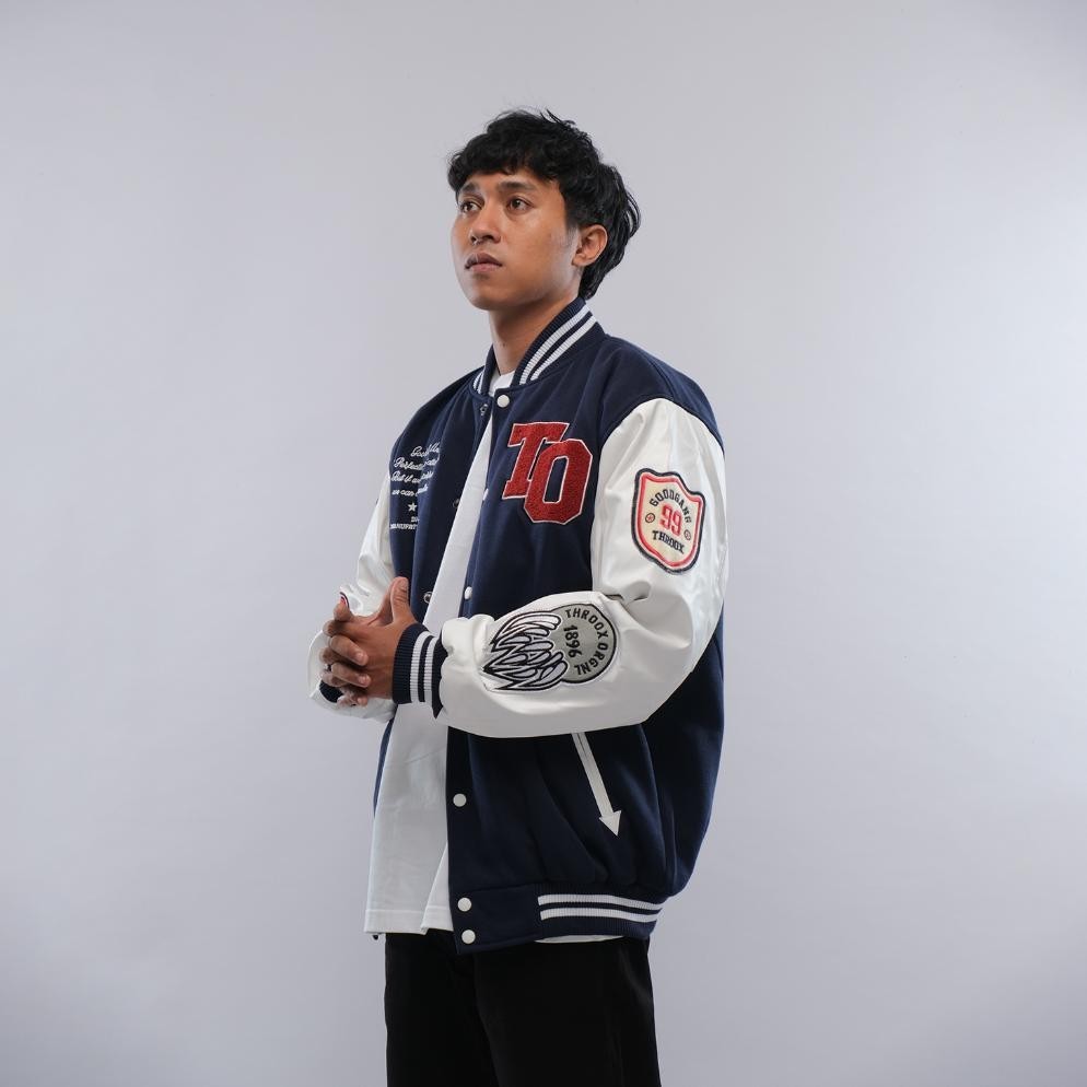 Jaket Pria Keren Throox Bomber Varsity Jacket Biru Thrx Hannibal Navy