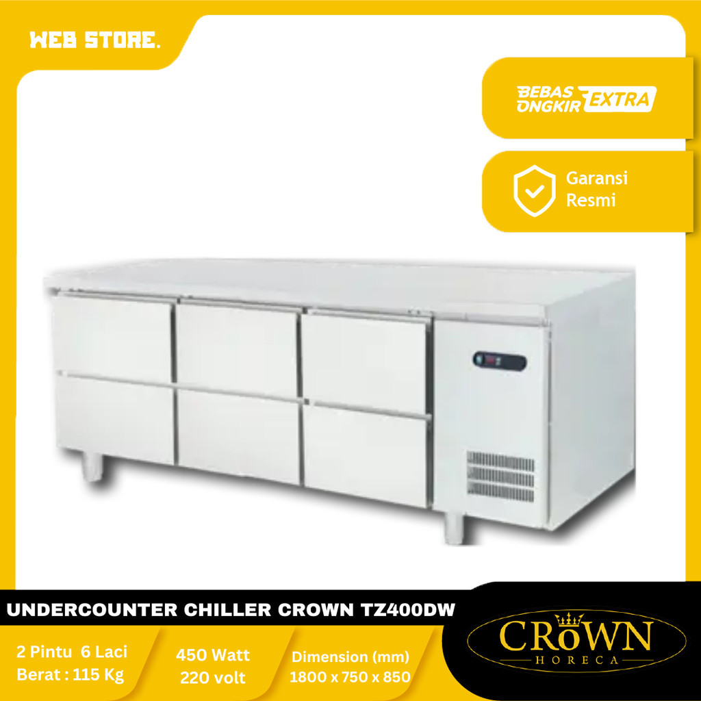 Under Counter Chiller Meja Stainless Lemari Pembeku / Pendingin 2 Pintu 6 Laci CROWN TZ400DW - 430 L