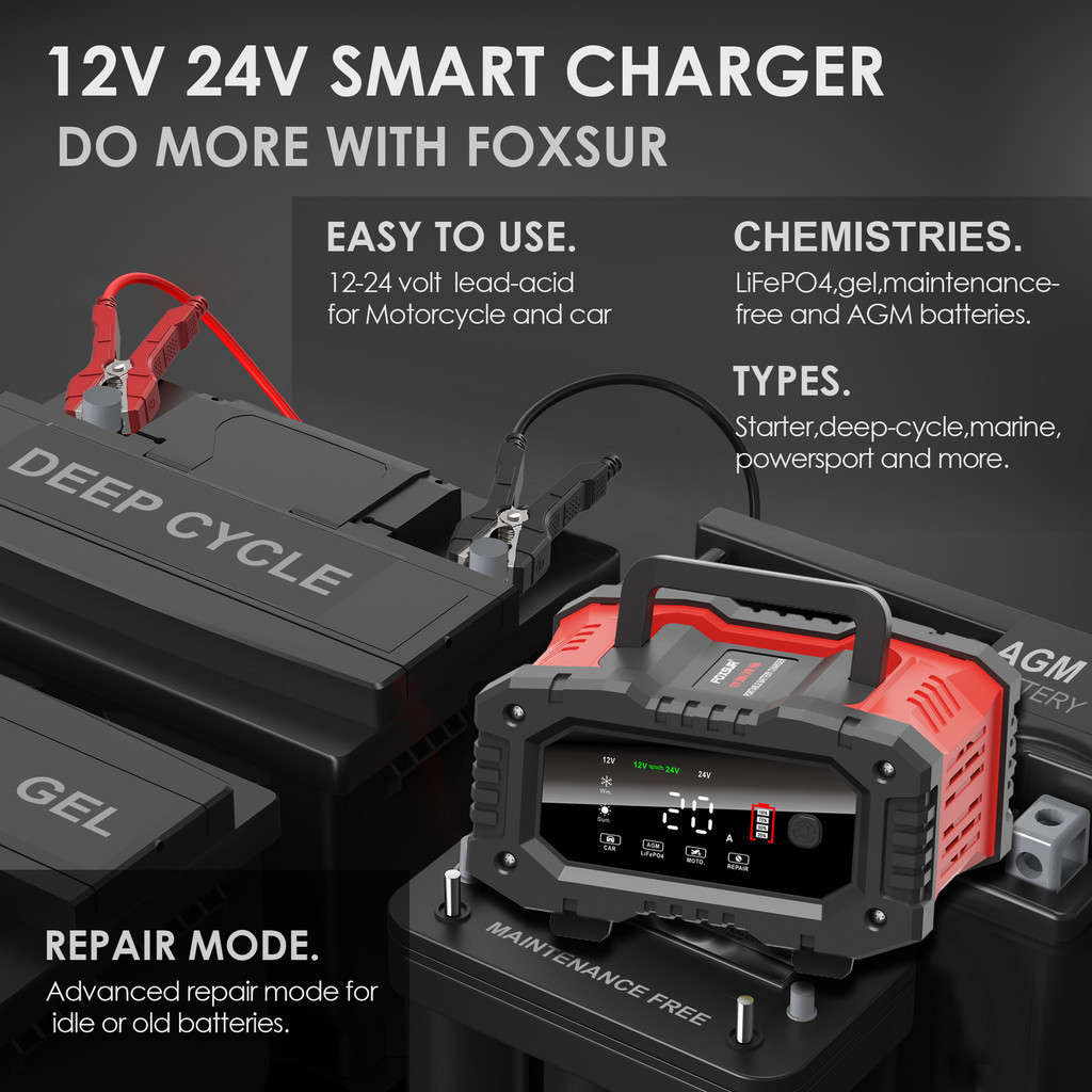 FOXSUR Charger Baterai Aki Mobil Motor Portable 20A 300W 12/24V - FPT-200 - Red