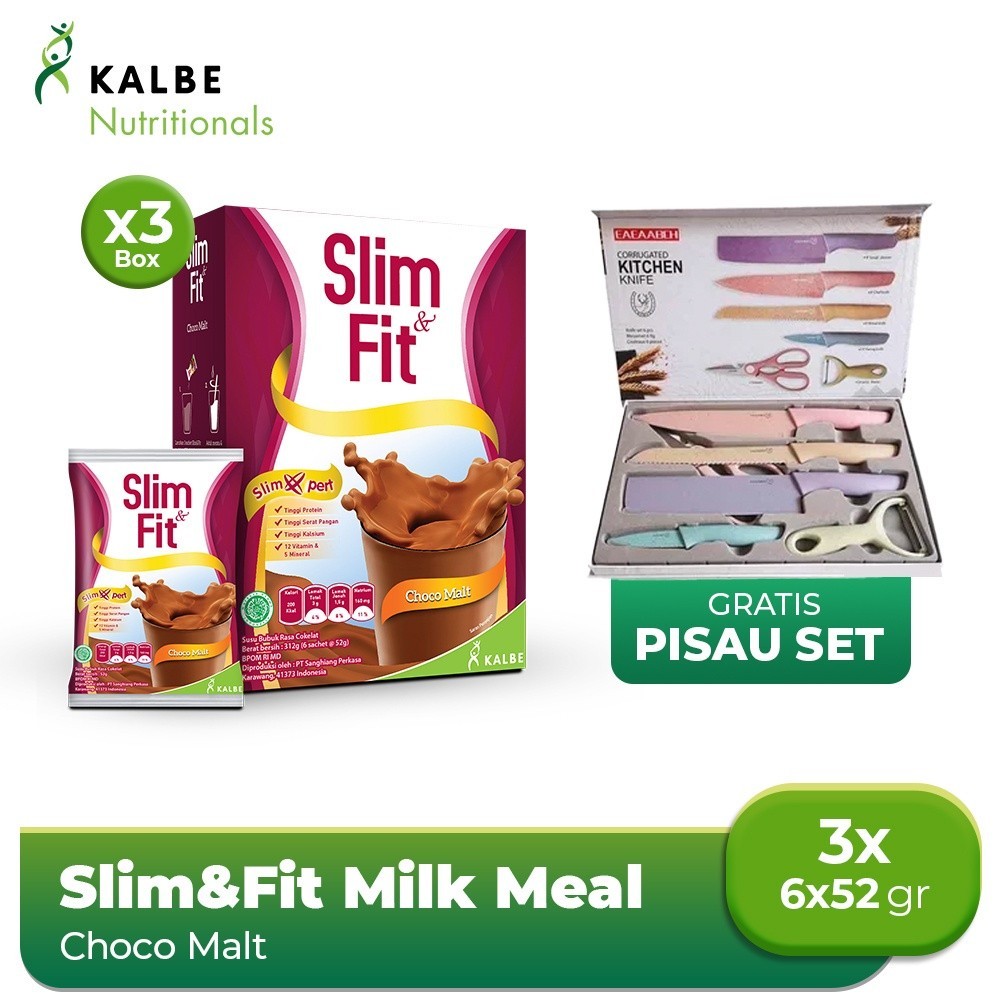 Slim&Fit Milk Meal Replacement Choco Malt 6x52 gr 3pcs free Pisau Set