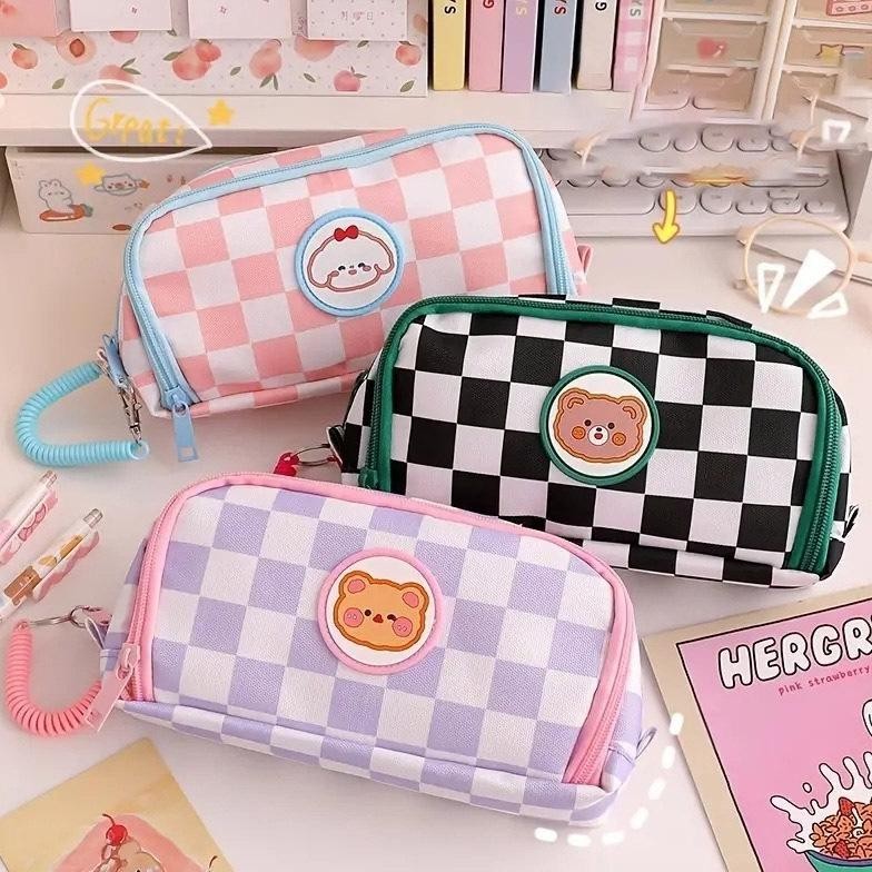 Termurah Kartun Beruang Pensil Sleting Zipper Kotak Pensil Sleting Import Korea / Grid Waterproof Pe