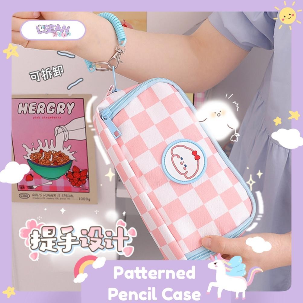 

Viral Pencil Case Korea Checkered Cute Bear Multifungsi Makeup Pouch Dual Zipper Depan Belakang Lij-56