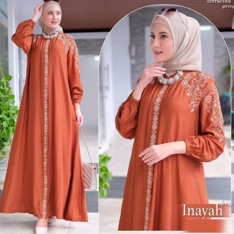 Gamis Wanita Remaja Kekinian Inayah Dress Kondangan Mewah Adem Dan Elegant Polo Linen Mix Bordir Can