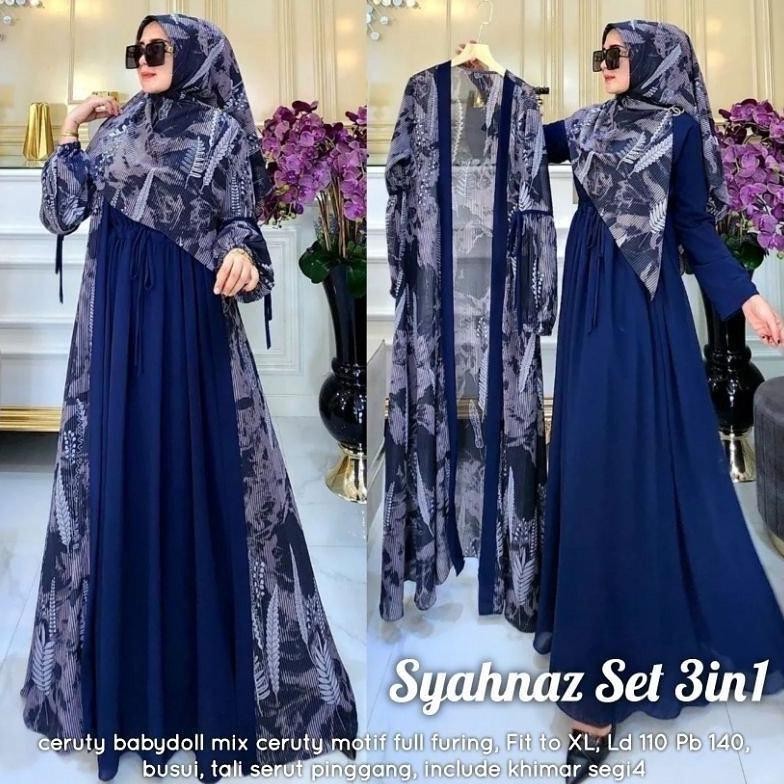 Gamis Wanita Remaja Kekinian Syahnaz Set 3In1 Syari Mewah Lebaran Dress + Outer Kerudung Bahan Cerut