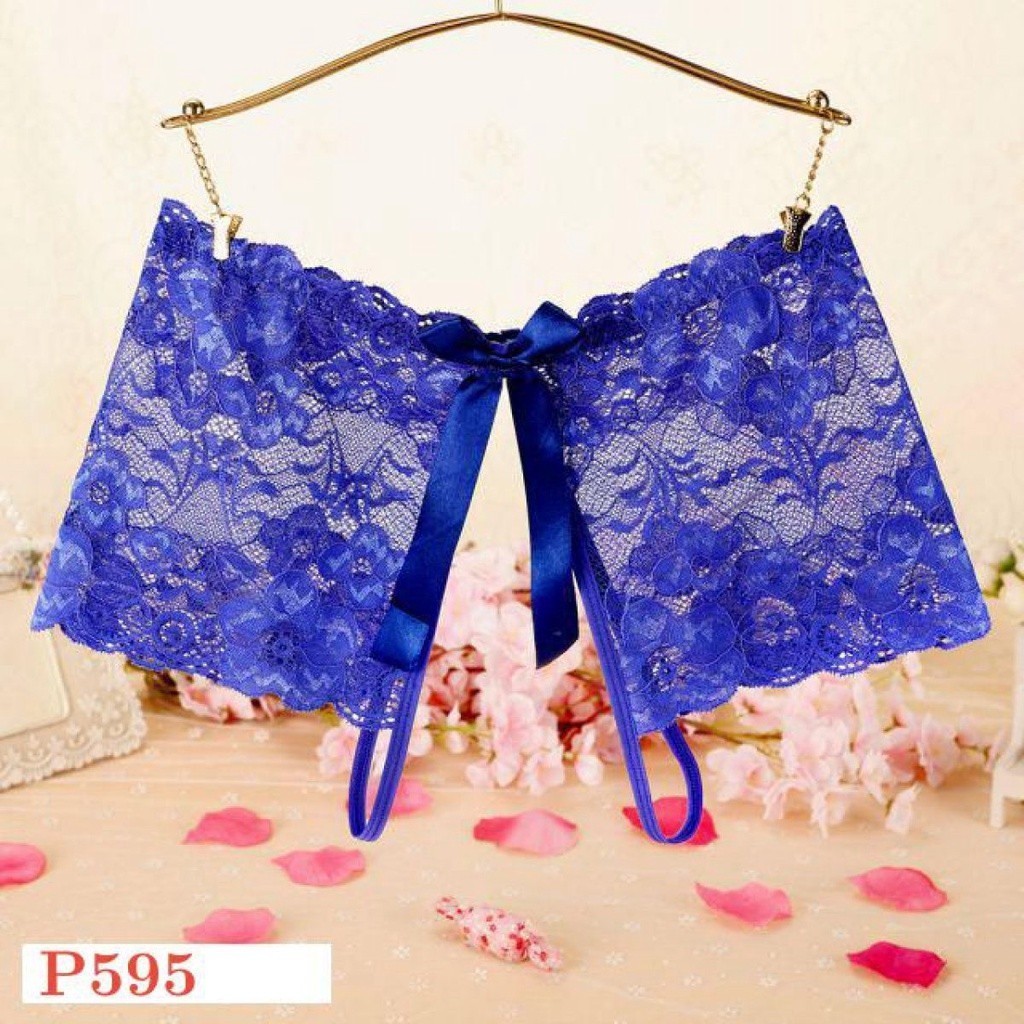 P595 Celana Dalam Wanita Sexy Panties Boyshort Biru Transparan Open Crotch