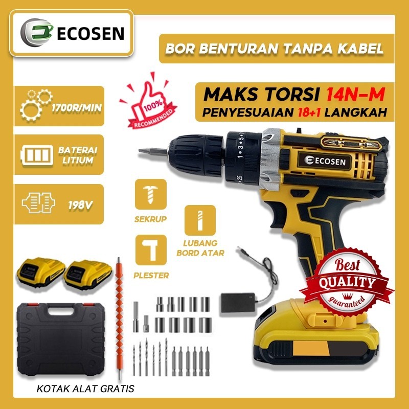 Original Ecosen 198V Mesin Bor Baterai Tangan Cordless Drill Battery Drill Cordless Electric Drill