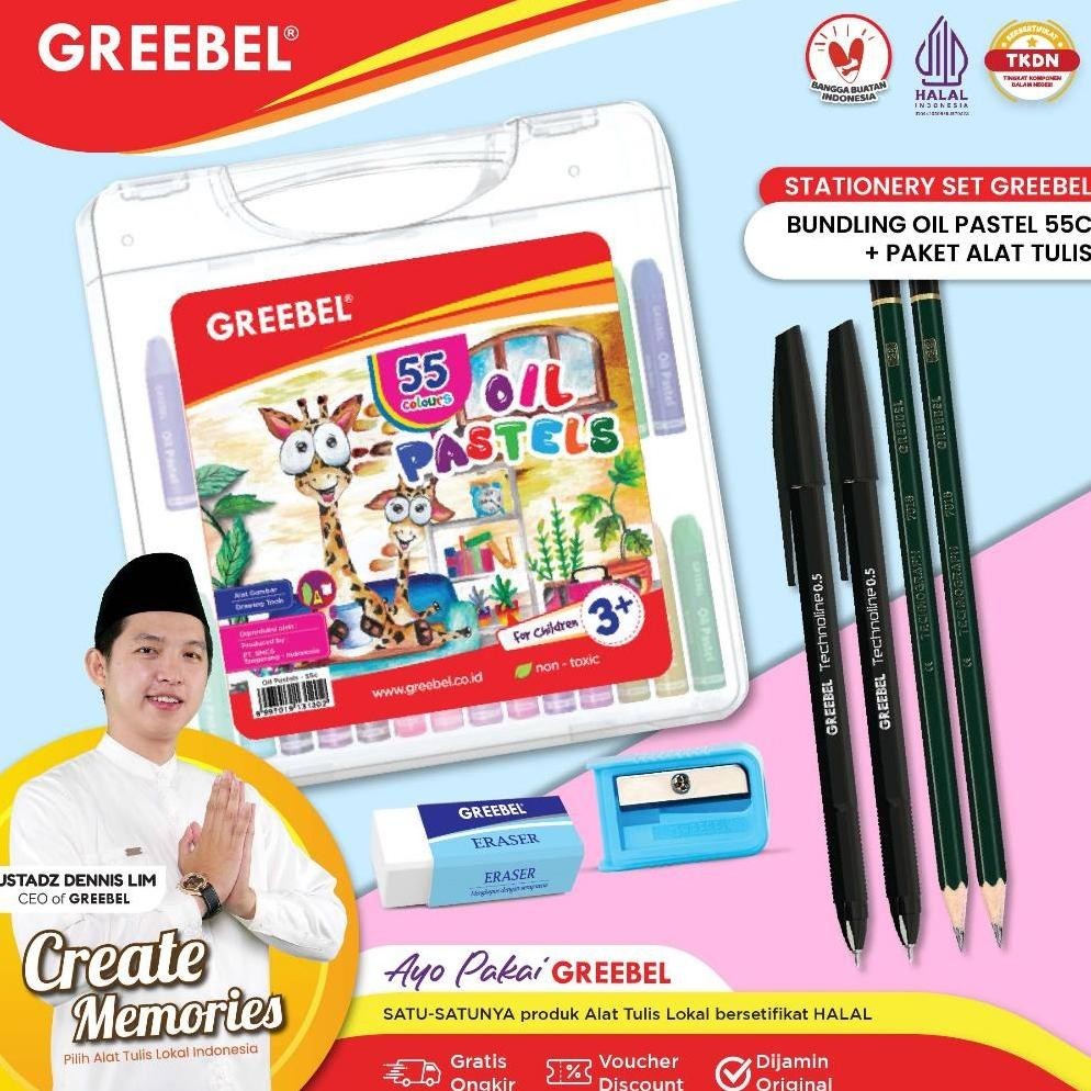 

Um57 GREEBEL Crayon Kids Oil pastel (BUNDLING Krayon 55 Warna + Alat Tulis) / Crayon Greebel Original