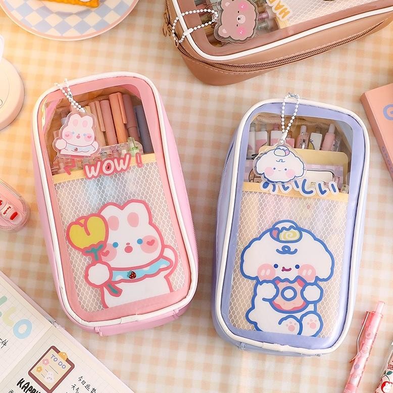 

QV21 Tempat Pensil Transparan Anti Air Motif Kartun Kawaii Dengan Resleting Murah