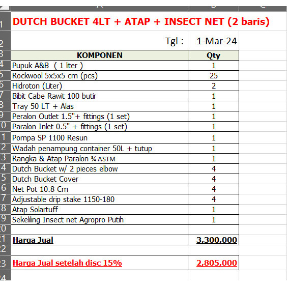 Paket Tanam Dutch Bucket 4 Pot Atap Solartuf plus Insecnet