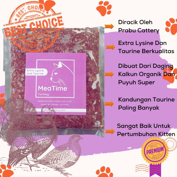 Meatime Turkey, Raw Food Kucing, Daging Kalkun Giling, Puyuh Dan Sapi