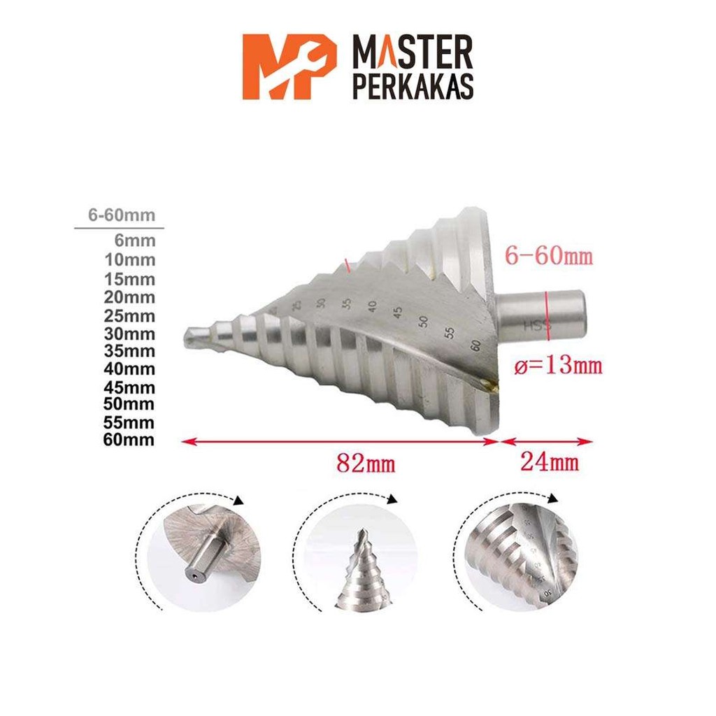 Mata Bor Pagoda 6-60mm MP / Step Dril Drill Spiral / Kerucut Cone Besi Kayu Plastik