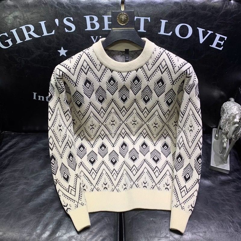 Sweter leher kru jacquard warna kontras kelas atas jaket lengan panjang kasual longgar pria