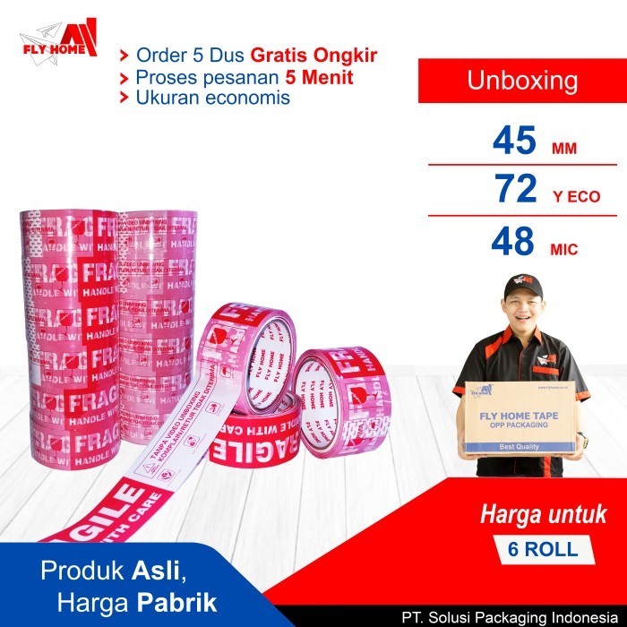 

Sale Flyhome Fragile Unboxing 72Yard 6 Roll 45Mm X 72Yard Lakban Segel Eco