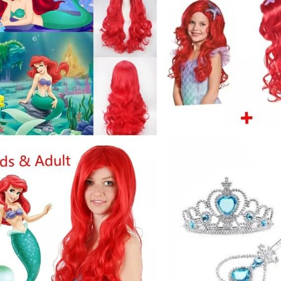 Fix Paket Wig Merah Ariel Mermaid Bonus Mahkota Tongkat