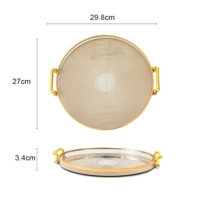 Tray Transparan Bulat Gold /  Nampan Dengan Pegangan Handle Gold/Dekorasi Nampan Tray Mewah/Aestheti