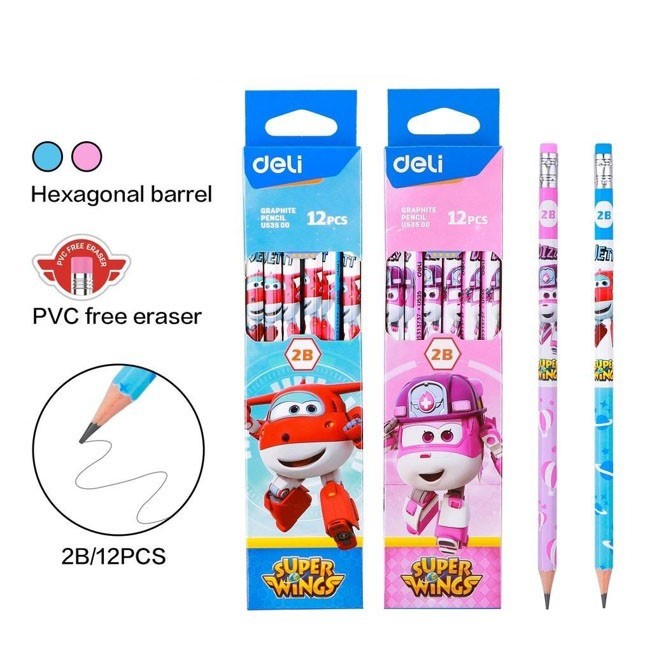 

DELI - EU53500 Pensil Grafit 2B Super Wings dengan penghapus