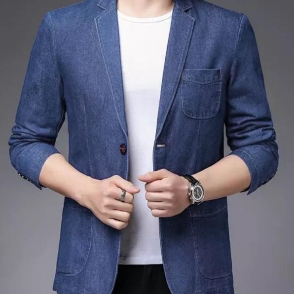 Blazer Pria Laki Denim Jeans Outer Polos Casual Santai Slim Fit El