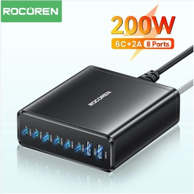 <Rocoren> 1.5M 200W 8 in 1 Multi Port USB Tipe C PD Pengisi Daya Kecepatan Tinggi Desktop Pembangkit