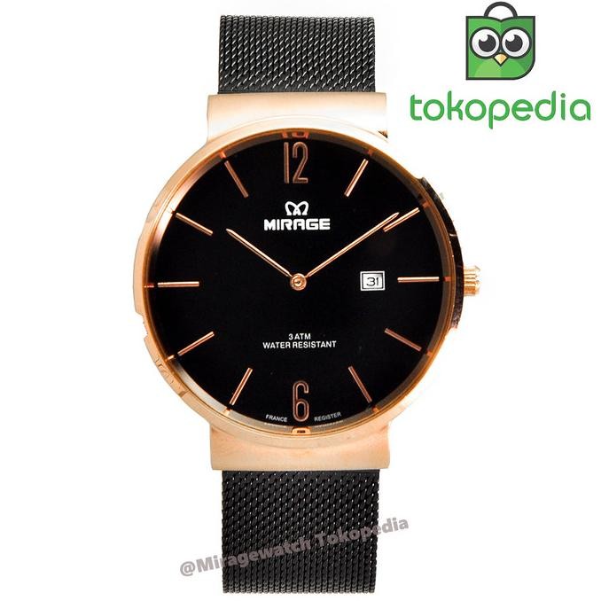 Jam Tangan Wanita Mirage Hitam Rosegold Tali Pasir 8624M Ph