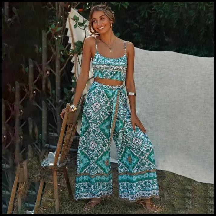 Ginza Tosca Boho Set Setelan Crop Top Pantai Wanita + Celana Panjang