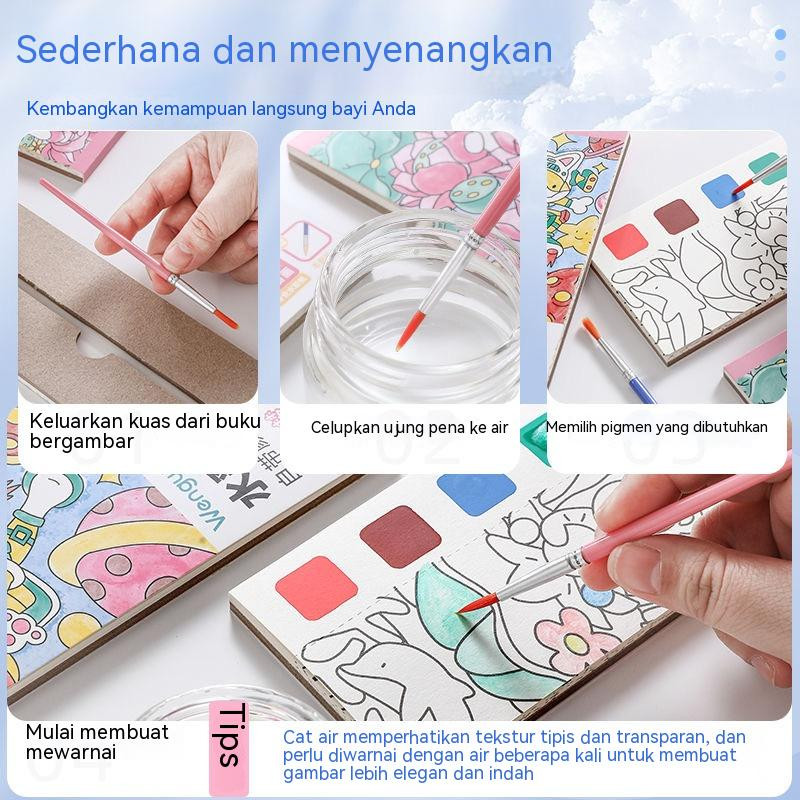 MONSTEK Buku mewarnai cat air lukisan buku lukisan cat air anak-anak buku mewarnai cat air anak-anak