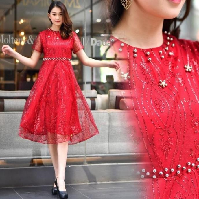 NEW DRESS PESTA WANITA KOREA GEREJA GAUN DEWASA BAJU NATAL IMLEK MURAH H85S