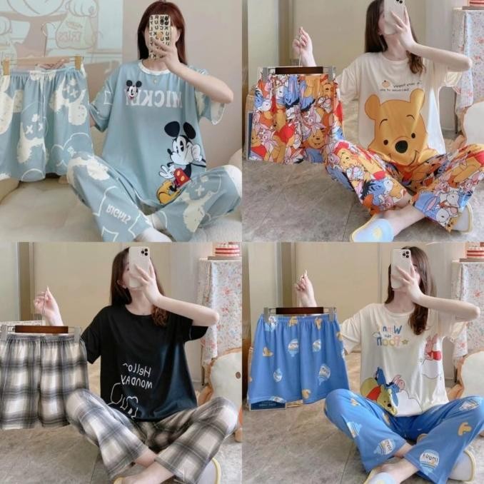 BAJU TIDUR SETELAN 3 IN 1 WANITA PIYAMA IMPORT BAHAN KAOS SPANDEKS