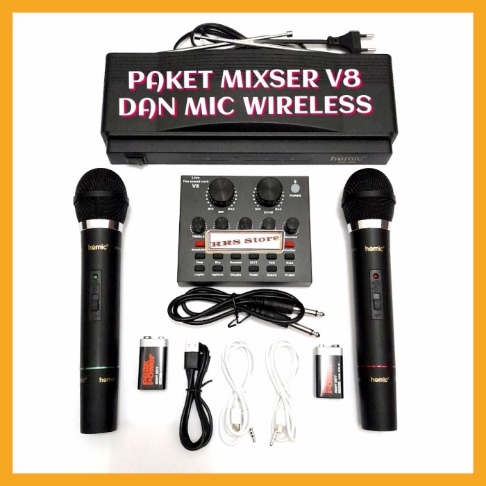 Alat Karoke Soundcard V8 Dan Mic Wireless Homic 306 2 Mic Free Batrai