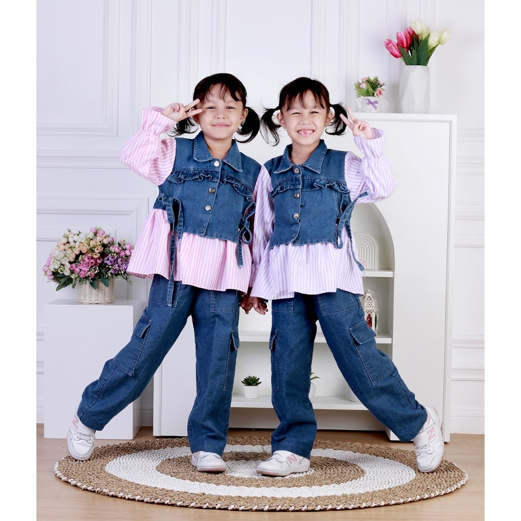 Setelan Anak Perempuan Setcelan Korean Style Terbaru 2024 1Stel Baju Cewek Tanggung Wanset  Umur 3-1