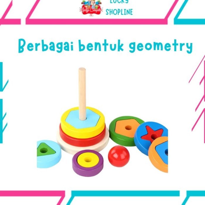 Jona Best Seller - Menara Geometri Donat Pelangi Ring Rainbow Tower Menara Pelangi Kayu Mainan