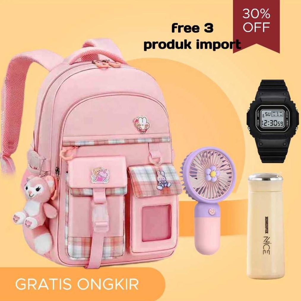 VIRAL Olshopgrosirbandung - Tas Ransel sekolah anak SD SMP SMA dengan 1 boneka dan pin hiasan size b