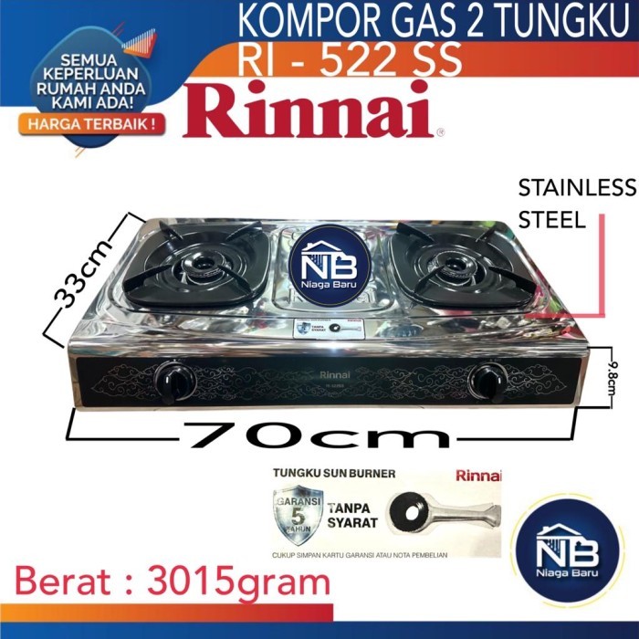 TERBARU RINNAI Kompor Gas 2 Tungku Batik Stainless RI-522SS