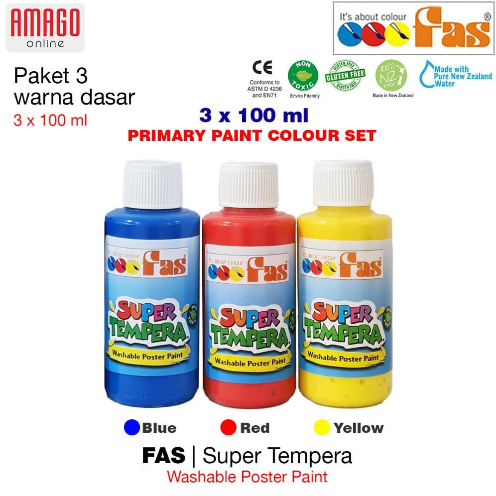

gq-68 FAS Super Tempera Primary Colour Set - Cat Lukis Sekolah - Paket 3 Warna dasar Yellow Blue Red 3x100 ml Viral
