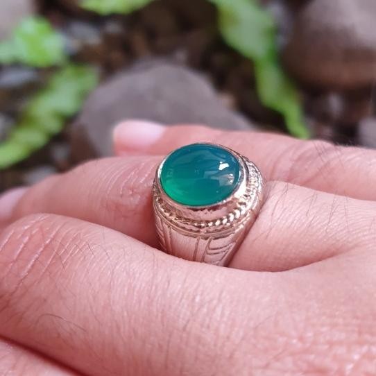 Cincin Pria Batu Akik Chalcedon Hijau Ukuran Kantoran