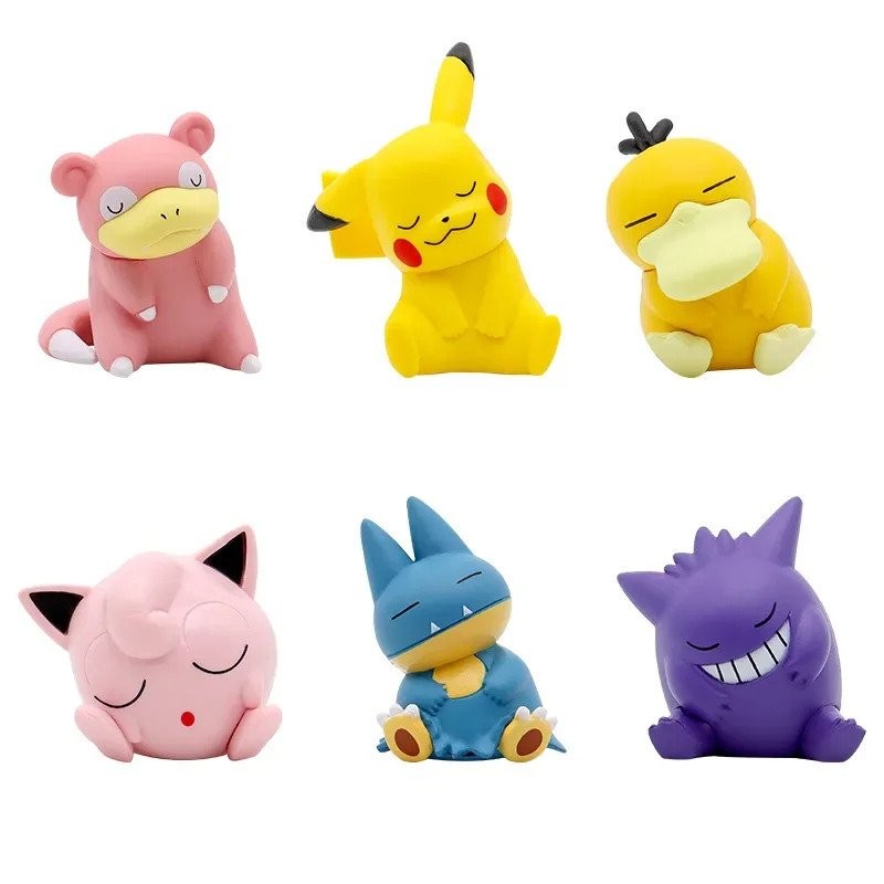 6pcs/set pokemon Pikachu Gengar Jigglypuff Slowpoke Gonbe Psyduck Sleep Version Model Figure PVC Toy